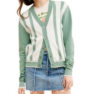 Urban Outfitters Womens Sage Green White Striped V-Neck Cardigan Sweater Size S
